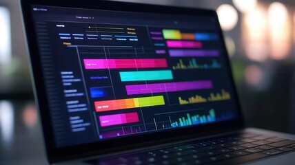 Closeup of a laptop screen displaying a colorful roadmap, with individual goals emphasized in vibrant colors