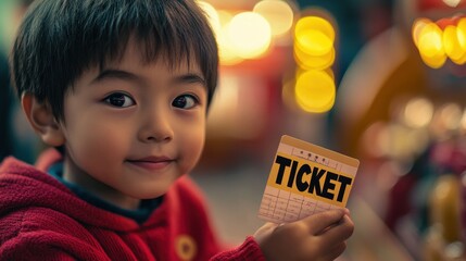 A young Asian boy proudly displays a school raffle ticket while standing by the prize table