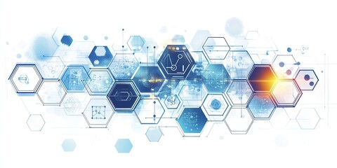 Abstract futuristic digital interface with hexagonal elements, data charts, and network connections in blue tones, symbolizing technology, data analysis, and connectivity