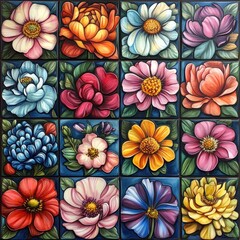 Vibrant flower designs on tiles with shadowed edges for depth, each tile in high resolution with