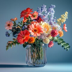 Vivid flowers on a transparent glass, with balanced depth and high-resolution details for