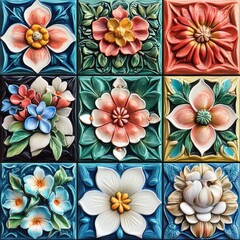 Vividly colored floral tiles laid symmetrically, each tile with detailed patterns and realistic