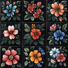 Vibrant flower designs on tiles with shadowed edges for depth, each tile in high resolution with