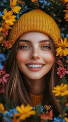  Smiling woman in a yellow beanie surrounded by colorful flowers