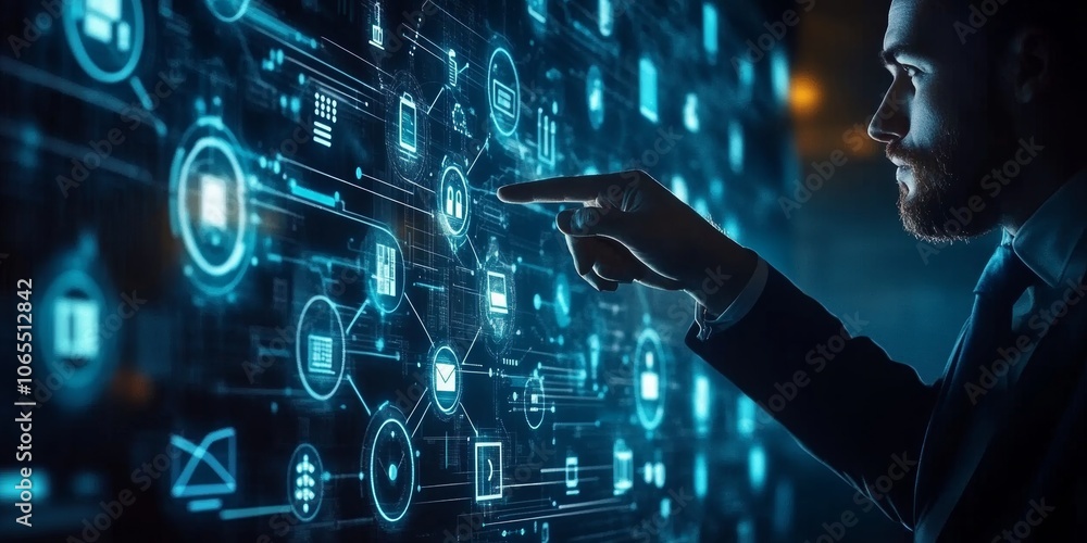 Wall mural a business man pointing to a digital screen with icons of technology and online network connection