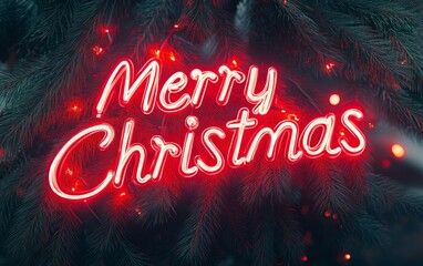 "Merry Christmas" big bold red neon words over fir tree branches festive background, high key lighting,