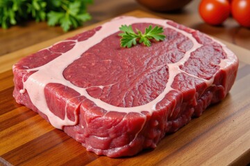 Fototapeta premium Fresh Raw Beef Steak on Wooden Cutting Board Ready for Cooking Delicious Meal