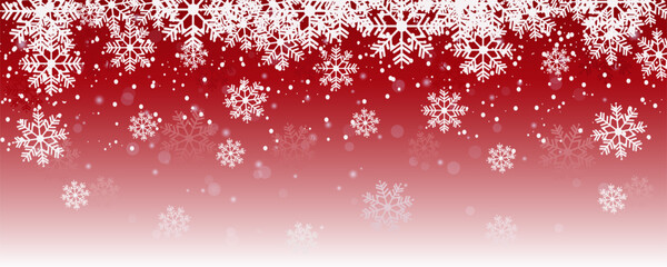 Red Christmas background with snowflakes. Christmas vector illustration with various beautiful snowflakes on a gradient background in red colors.