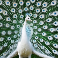  A white peacock stands majestically in the center of a vibrant peacock feather fan.