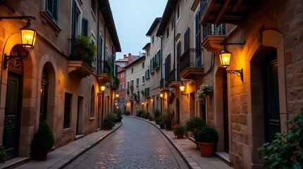 Obraz premium Cobblestone streets of a medieval town, with lanterns lighting up historic facades.