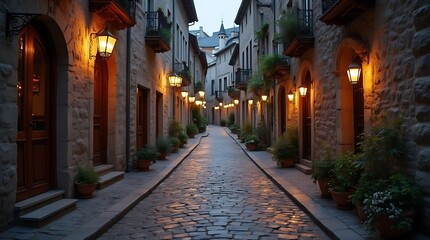 Cobblestone streets of a medieval town, with lanterns lighting up historic facades.