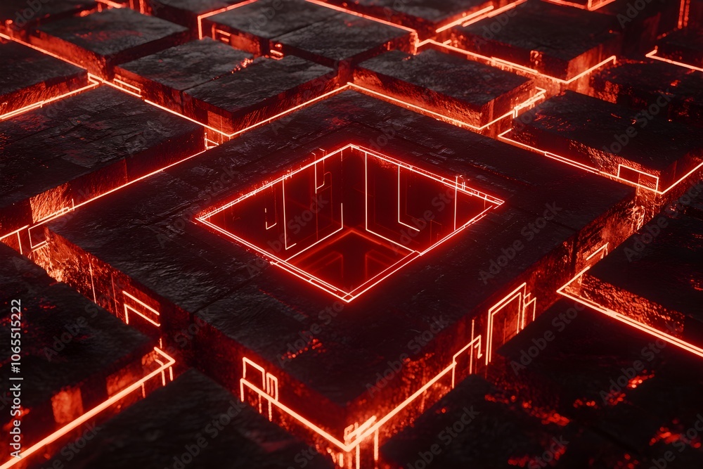 Poster futuristic digital grid with glowing rectangles and floating connections, symbolizing technology, da