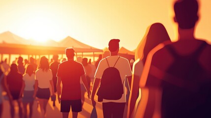 Fototapeta premium People Enjoying a Vibrant Sunset at a Busy Outdoor Gathering
