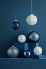 Blue box adorned with hanging ornaments, festive holiday decor.