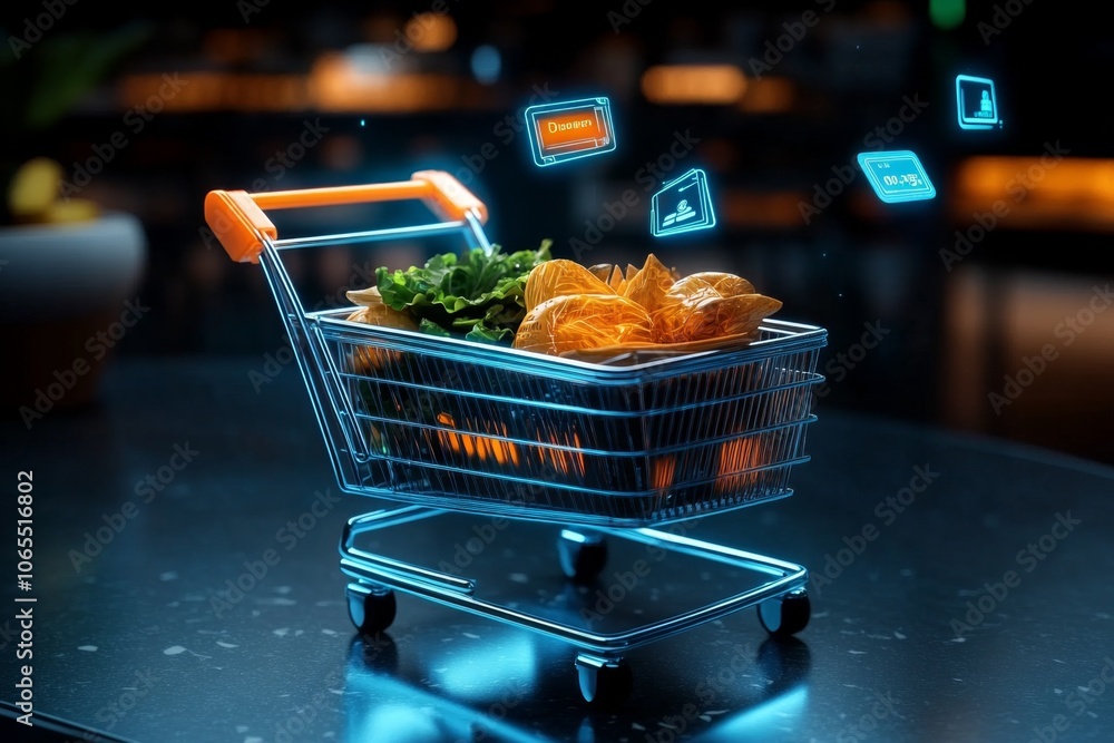 Aufkleber 3D-rendered shopping cart with items floating above it, each showing virtual labels and prices, symbolizing a digital approach to consumer behavior