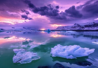 Iceberg floating in green ocean water with dusk purple sky
