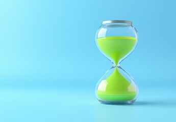 A green hourglass with sand on a light blue background, symbolizing time management and the passage of moments.