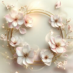 Obraz premium A luxurious, floral-themed digital design with soft pink and white flowers surrounding a round, golden frame. 