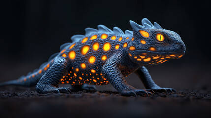 Obraz premium Fantasy reptile with glowing orange spots and spiked back in a detailed close-up view on a dark background