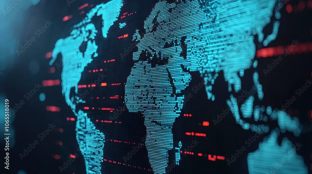 Poster a digital map of the world with glowing blue lines and red data streams, representing global connect