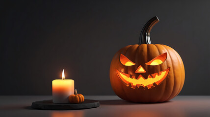 3d render illustration creepy happy Helloween pumpkin head lights with candle high quality background.