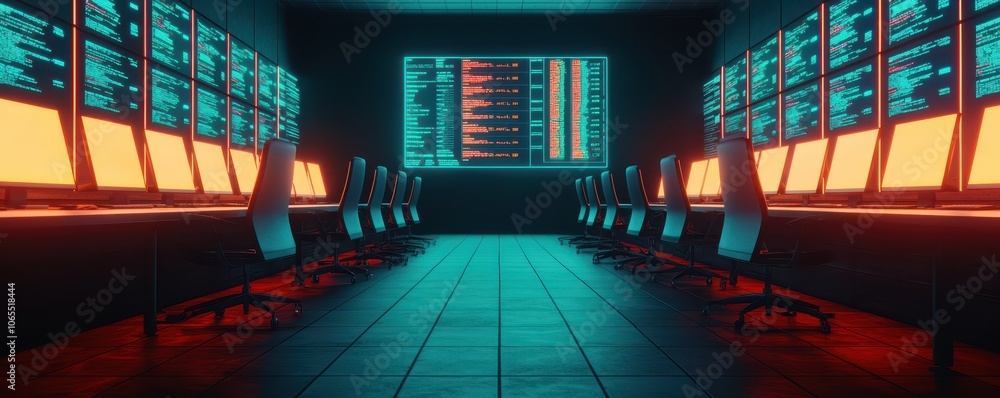 Poster a futuristic control room filled with glowing monitors and high-tech interfaces, creating a vibrant 