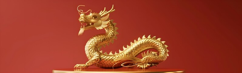 Fototapeta premium Dragon 3D chinese 2024 year gold new lunar cny podium happy background red golden. Chinese dragon 3D banner china festive illustration invitation money party green japanese render celebration blue. 
