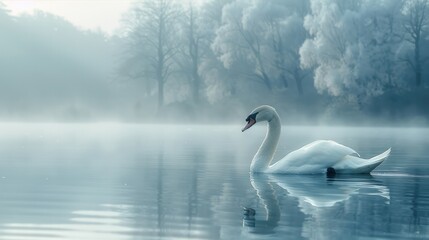 Fototapeta premium A white swan floats quietly on the lake, surrounded by thick fog.