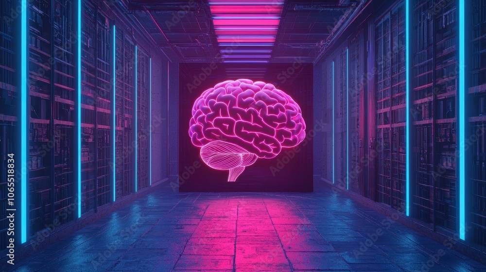 Poster a glowing pink brain hologram is displayed in a futuristic corridor with illuminated walls, conveyin