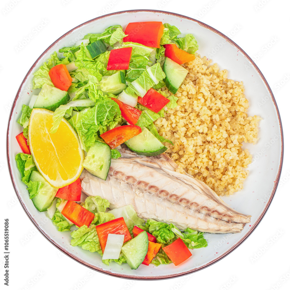 Canvas Prints Fish fillet with bulgur and fresh salad vegetables isolated on white, healthy balanced food with fats, fiber and protein