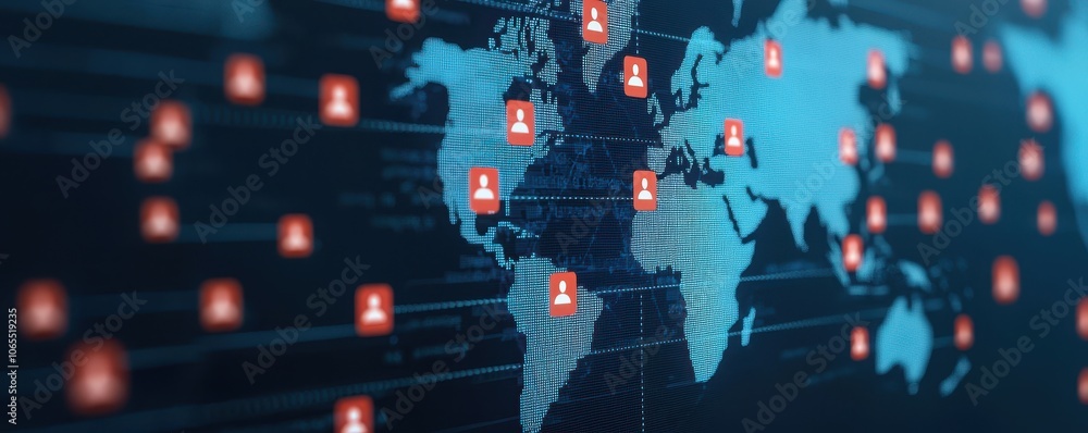 Poster a digital representation of a world map with interconnected nodes, visually depicting global data fl