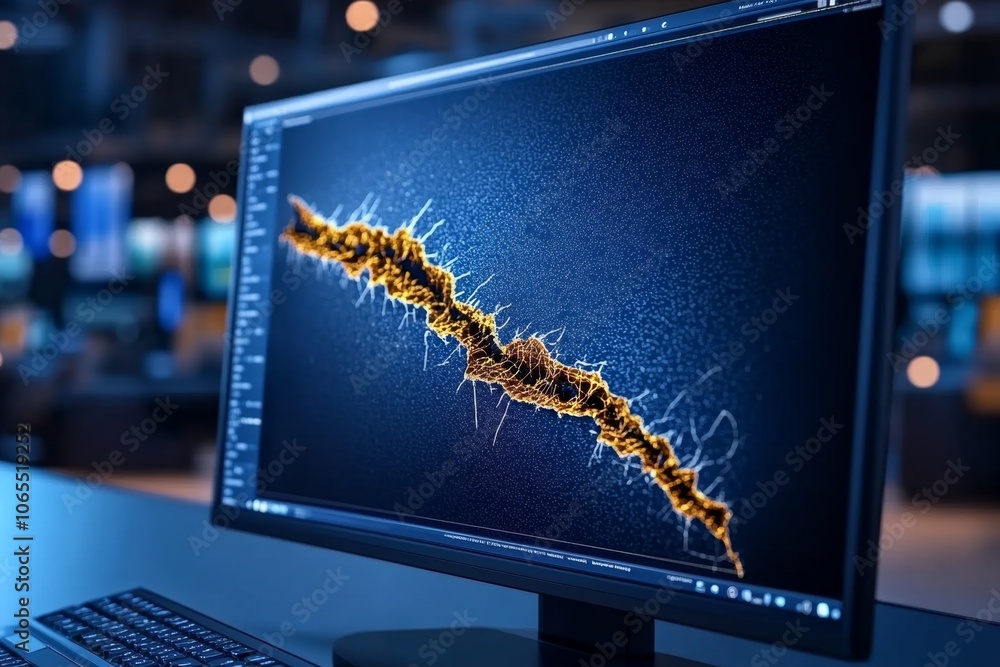 Poster Computer display with a 3D model showing measurements of a crack on a metal surface, emphasizing the use of advanced technology in defect analysis