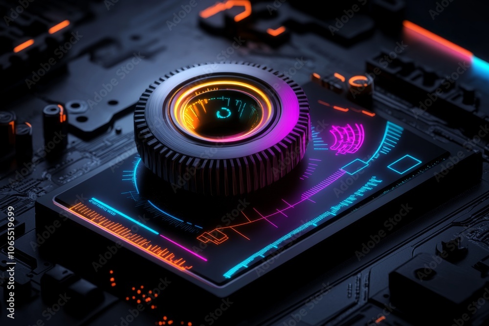 Poster Cyberpunk interface showing defect measurements on a product in neon colors, with holographic projections, representing futuristic QC in tech-driven style