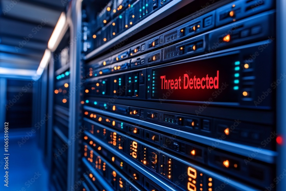 Poster dark room filled with servers and a single screen showing a red â€œthreat detectedâ€ message, captu