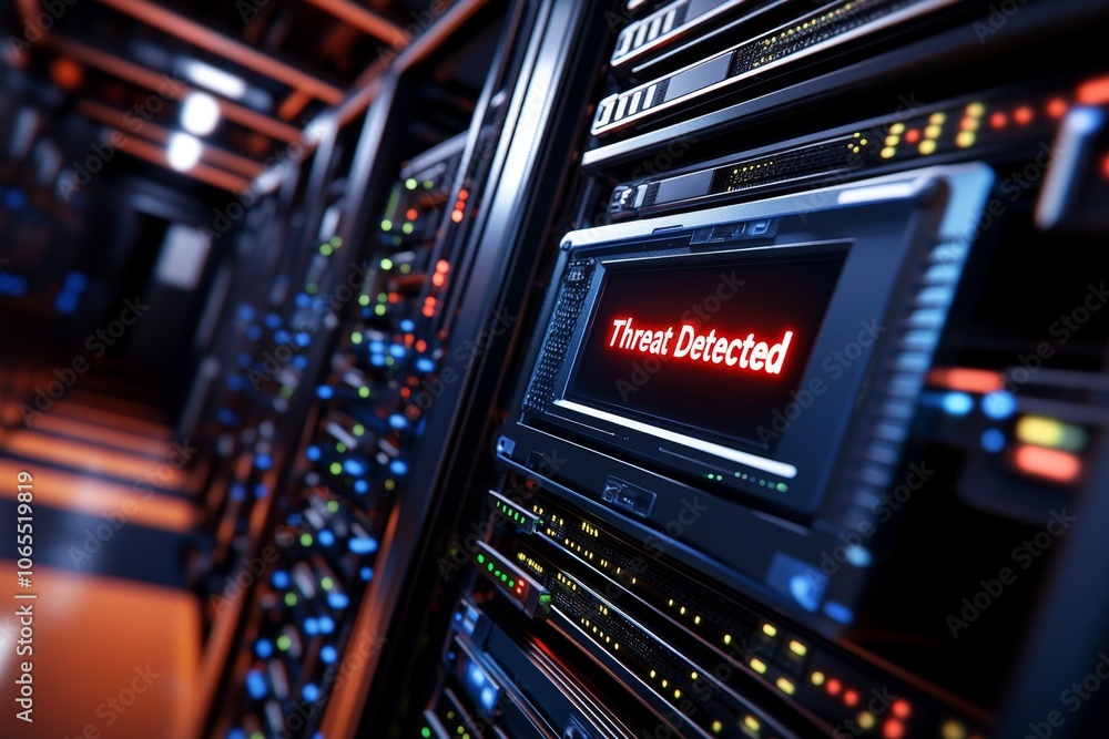 Poster dark room filled with servers and a single screen showing a red â€œthreat detectedâ€ message, captu