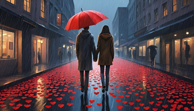 Romantic Couple Under Red Umbrella Walking on Heart-Covered Street in Rain