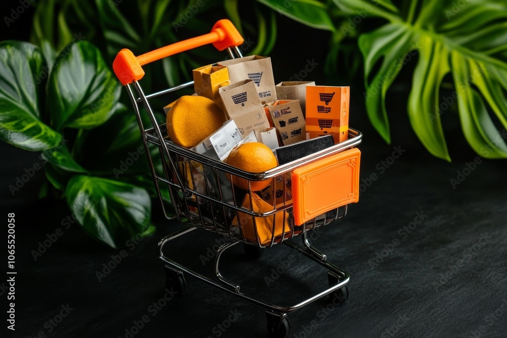 Poster detailed shot of a smartphone screen with a shopping cart full of online purchases, showing every ic