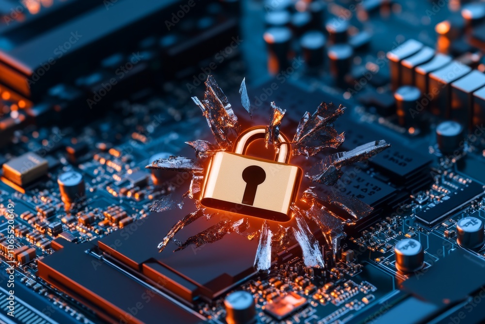 Poster Digital lock icon breaking apart on a computer screen, symbolizing the impact of a zero-day vulnerability