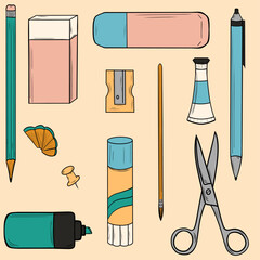 Papeterie, stylos, crayons, ciseaux, gomme, peinture, dessin à la main, feutres, rentrée scolaire, école, scrapbooking