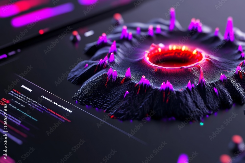 Poster futuristic digital security dashboard with holographic displays showing zero-day exploit alerts and 
