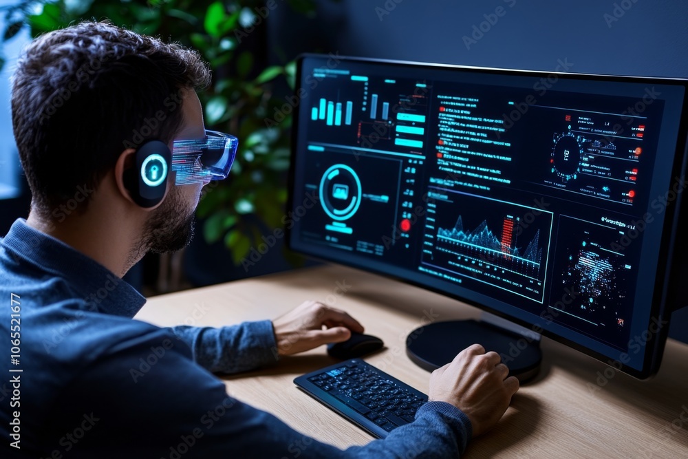Poster futuristic digital security dashboard with holographic displays showing zero-day exploit alerts and 
