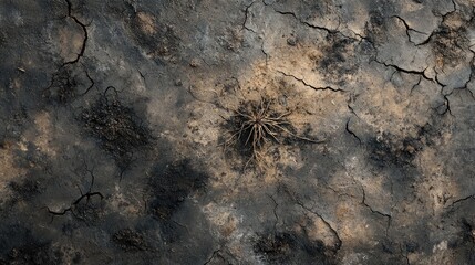Drought-stricken lakebed with cracked soil and a single dried plant, representing water scarcity and climate change.