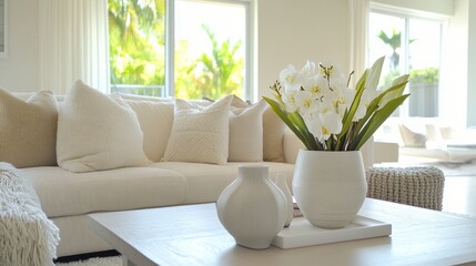 Naklejka premium Bright table as the focal point in a minimalist living room with beige and white decor, clean lines, and gentle daylight filtering through.