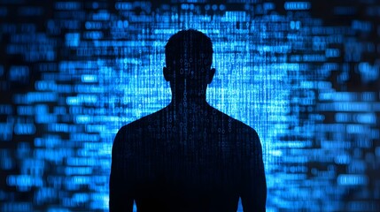 Digital Silhouette Against Binary Code Background