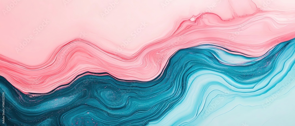 Poster abstract waves of pink and blue, smooth flowing patterns on a minimalist background