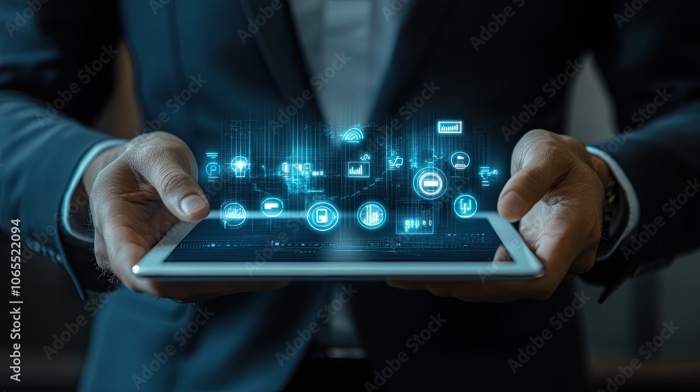 Poster elderly man using a tablet with large icons, customized for easy access and navigation for seniors.