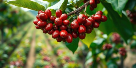 Obraz premium A cluster of vibrant red coffee berries hangs from a branch, showcasing the rich harvest of a flourishing plantation.