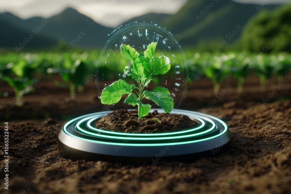 Poster holographic display showing data on crop yields in a rural farm setting, symbolizing the fusion of t