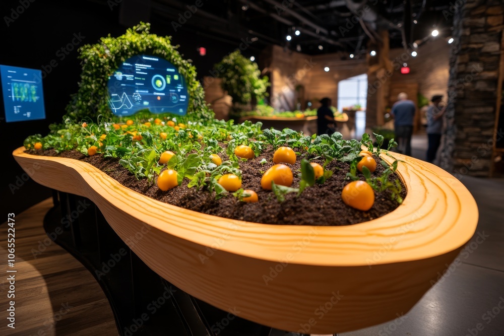 Poster holographic display of an organic farm with real-time data on produce growth and nutritional content