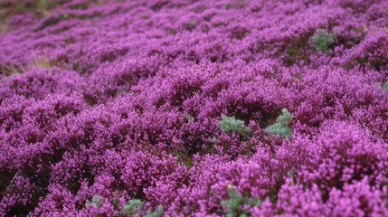 Obraz premium Heathland with Colorful Heather Plants Covering the Ground Like a Purple-Pink Carpet